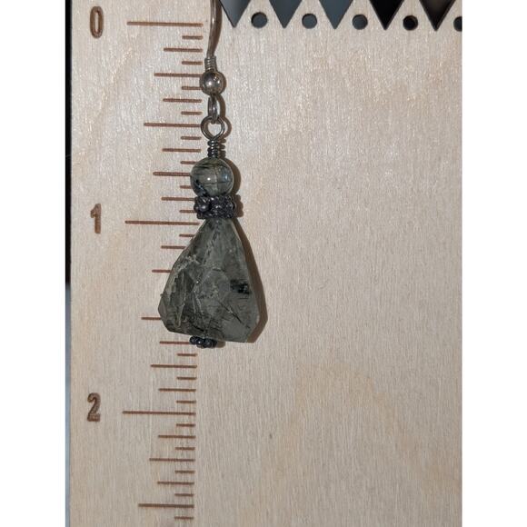 Vintage 925 Sterling Silver Ruff Cut Smoky Rutilated Quartz Dangle Earrings - Picture 4 of 5